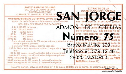 Reverso del décimo de Lotería Nacional de 2010 Sorteo 44