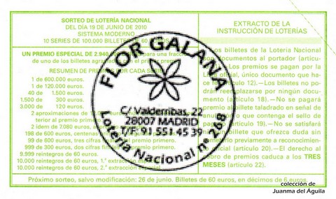 Reverso del décimo de Lotería Nacional de 2010 Sorteo 48