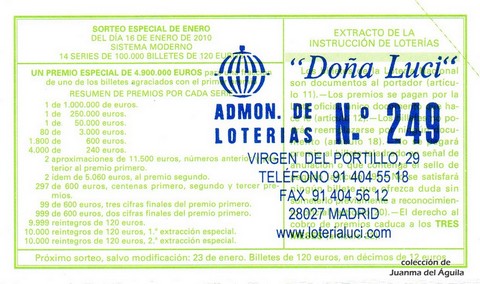 Reverso del décimo de Lotería Nacional de 2010 Sorteo 4