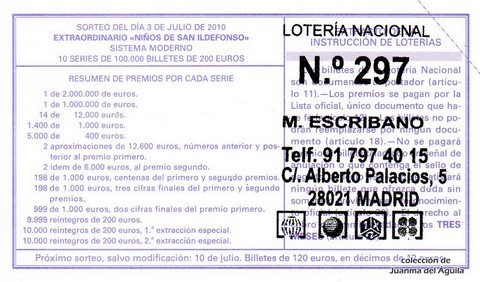 Reverso del décimo de Lotería Nacional de 2010 Sorteo 52