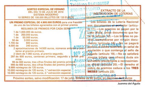 Reverso del décimo de Lotería Nacional de 2010 Sorteo 54