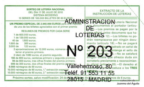 Reverso del décimo de Lotería Nacional de 2010 Sorteo 56