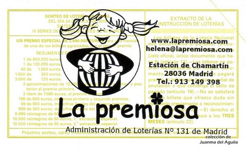 Reverso del décimo de Lotería Nacional de 2010 Sorteo 58