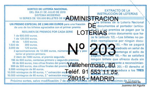 Reverso décimo de Lotería 2010 / 60
