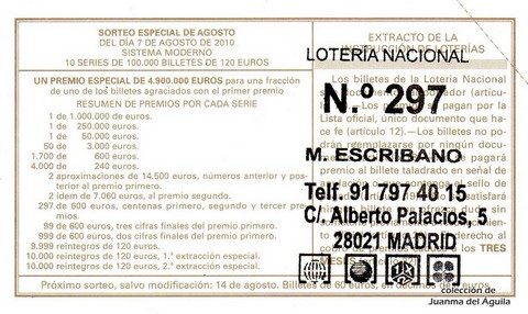 Reverso del décimo de Lotería Nacional de 2010 Sorteo 62
