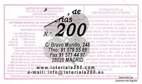 Reverso décimo de Lotería 2010 / 64