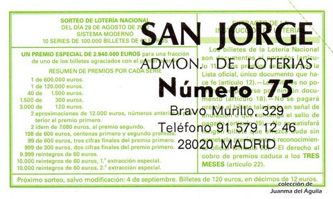 Reverso del décimo de Lotería Nacional de 2010 Sorteo 68