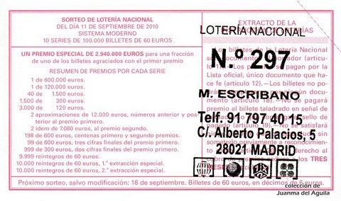 Reverso del décimo de Lotería Nacional de 2010 Sorteo 72