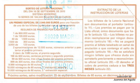 Reverso décimo de Lotería 2010 / 74
