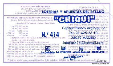 Reverso décimo de Lotería 2010 / 78