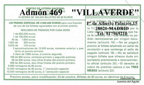 Reverso décimo de Lotería 2010 / 82