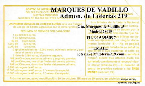 Reverso del décimo de Lotería Nacional de 2010 Sorteo 84