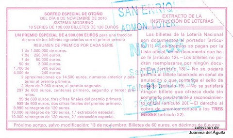Reverso décimo de Lotería 2010 / 88