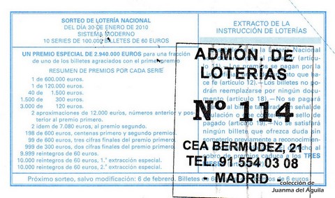 Reverso del décimo de Lotería Nacional de 2010 Sorteo 8