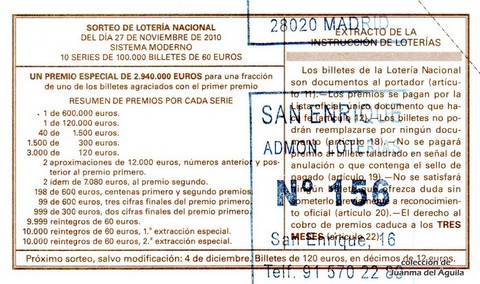 Reverso décimo de Lotería 2010 / 94