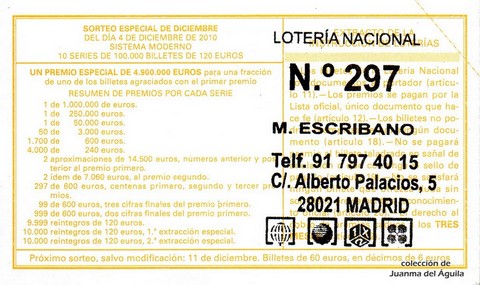 Reverso décimo de Lotería 2010 / 96