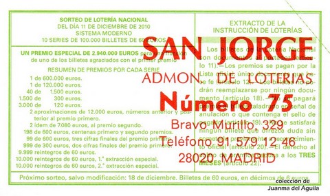 Reverso del décimo de Lotería Nacional de 2010 Sorteo 98