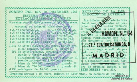 Reverso del décimo de Lotería Nacional de 1967 Sorteo 36