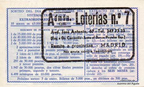 Reverso del décimo de Lotería Nacional de 1976 Sorteo 50