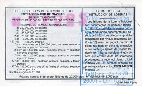 Reverso del décimo de Lotería Nacional de 1988 Sorteo 51