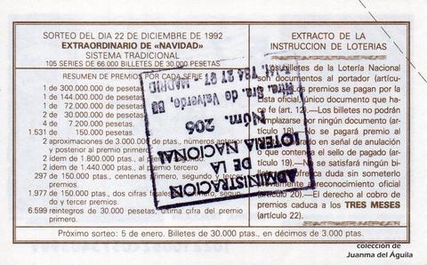 Reverso del décimo de Lotería Nacional de 1992 Sorteo 102