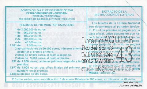 Reverso del décimo de Lotería Nacional de 2004 Sorteo 102