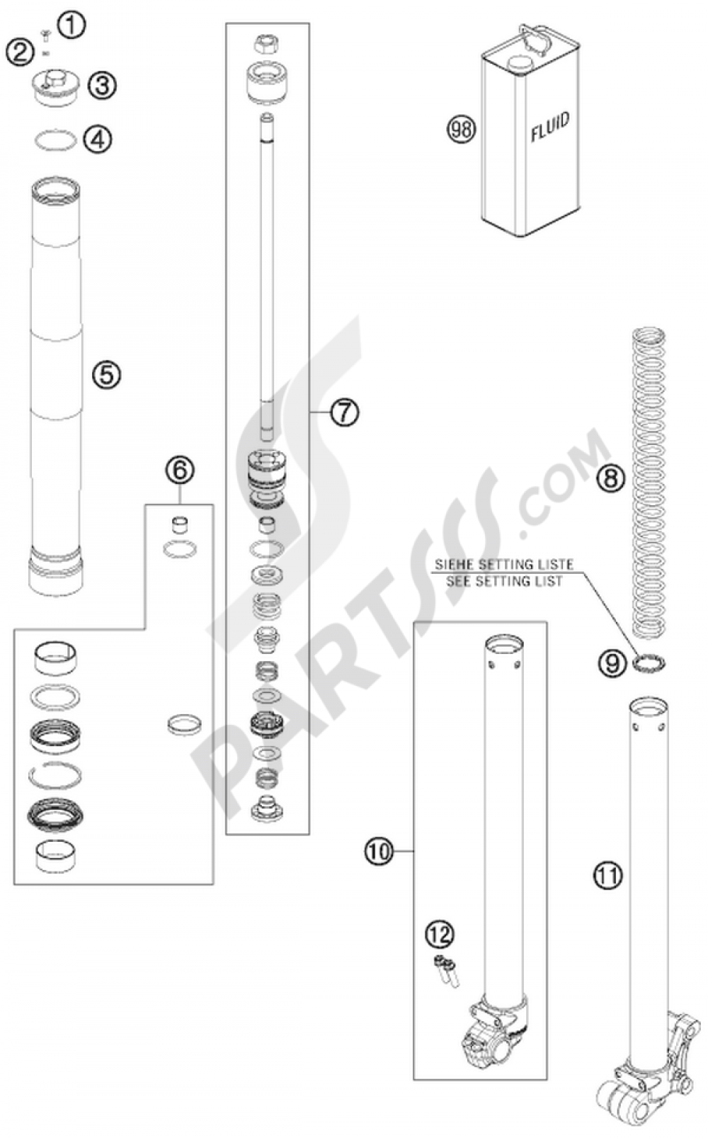 FRONT FORK DISASSEMBLED KTM 50 SX MINI 2013 EU