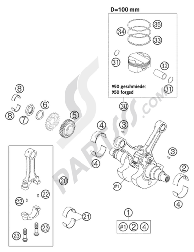 KTM 950 ADVENTURE ORANGE LOW 2004 EU CRANKSHAFT, PISTON LC8