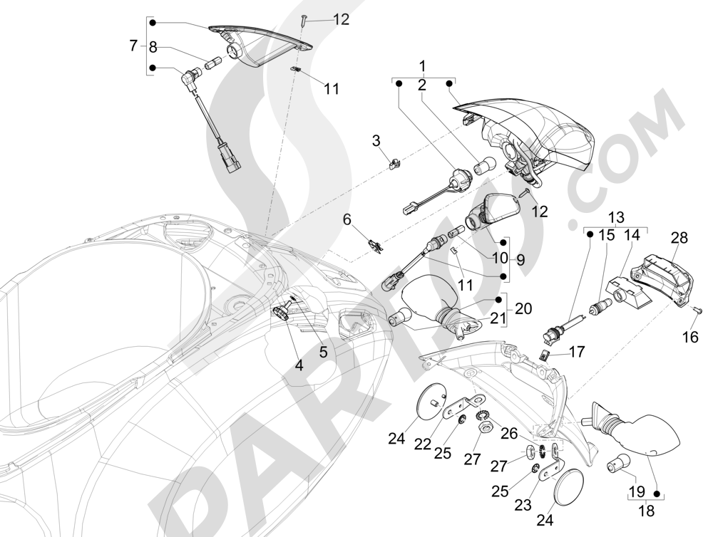 Vespa Vespa Primavera 50 4T-4V (NAFTA) 2014-2016 Faros traseros - Indicadores de direcci