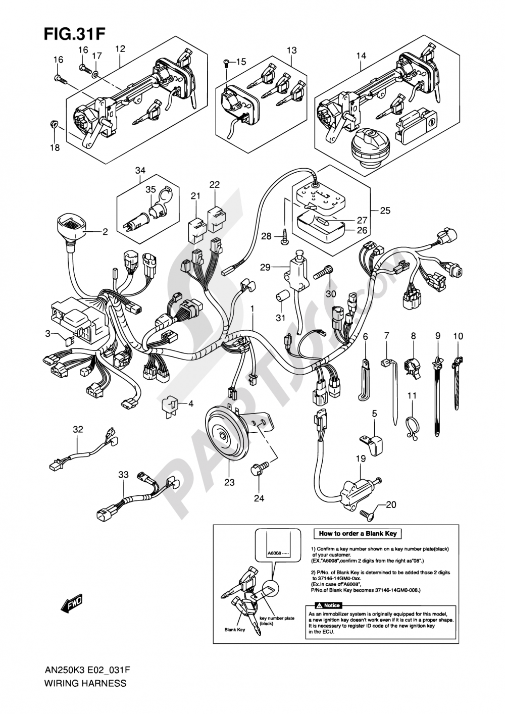 31F - WIRING HARNESS (MODEL K5/K6 E38,IMOBI) Suzuki BURGMAN AN250 2004