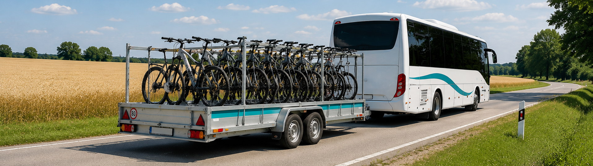 Autobus senza logo e carrello portabici, con un campo di grano sullo sfondo.