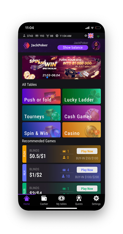 JackPoker mobile app home screen