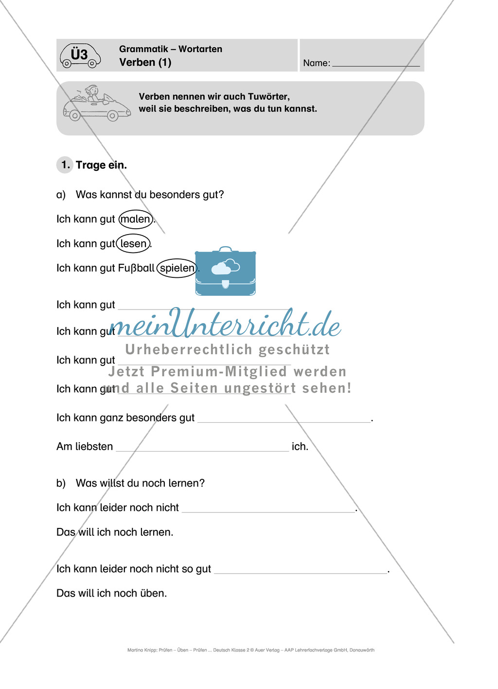 Wortarten, Verben: Führerschein-Übungsaufgaben und Lösung Preview 1