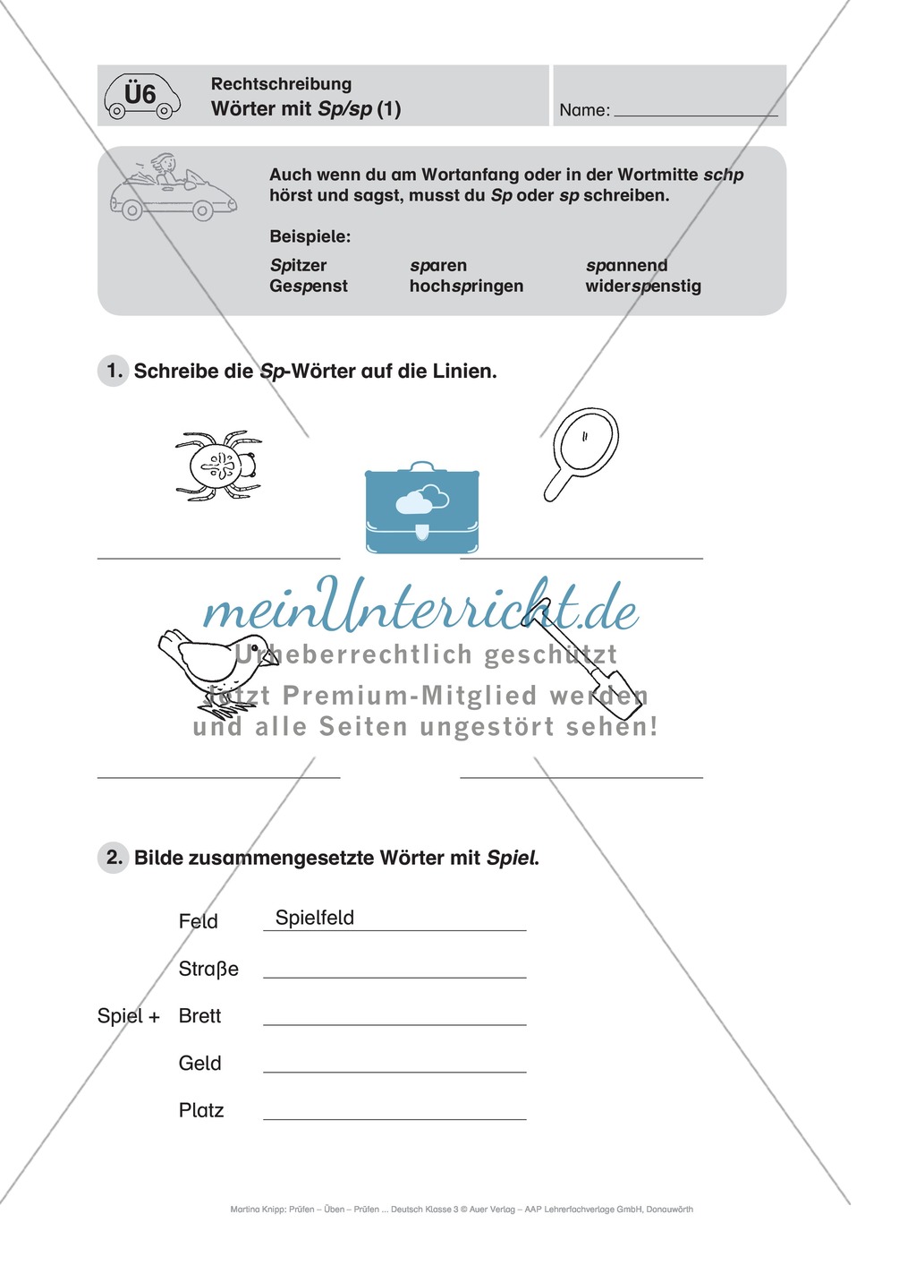 Rechtschreibung, Wörter mit Sp/sp: Führerschein-Übungsaufgaben und Lösung Preview 1