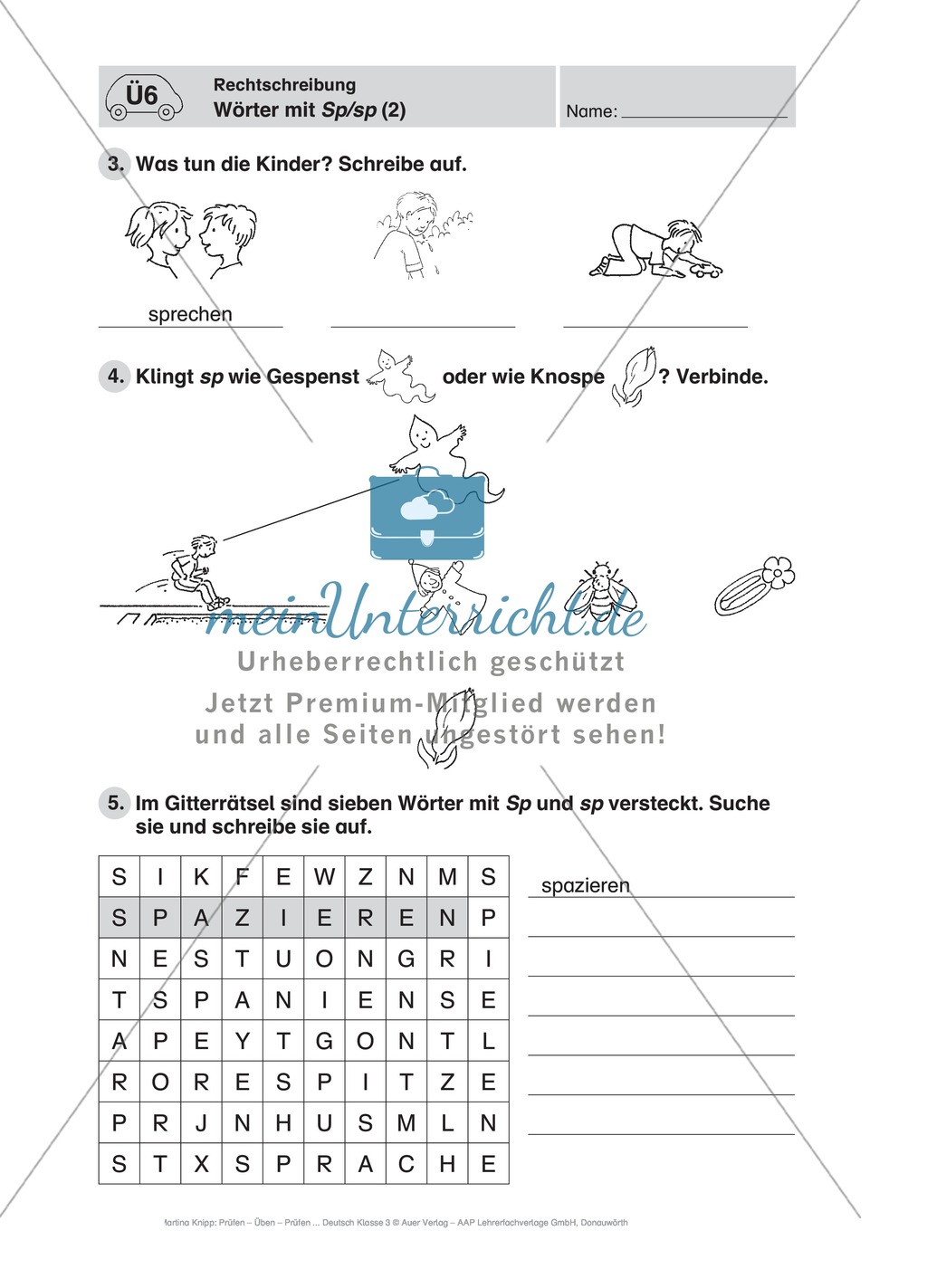 Rechtschreibung, Wörter mit Sp/sp: Führerschein-Übungsaufgaben und Lösung Preview 2