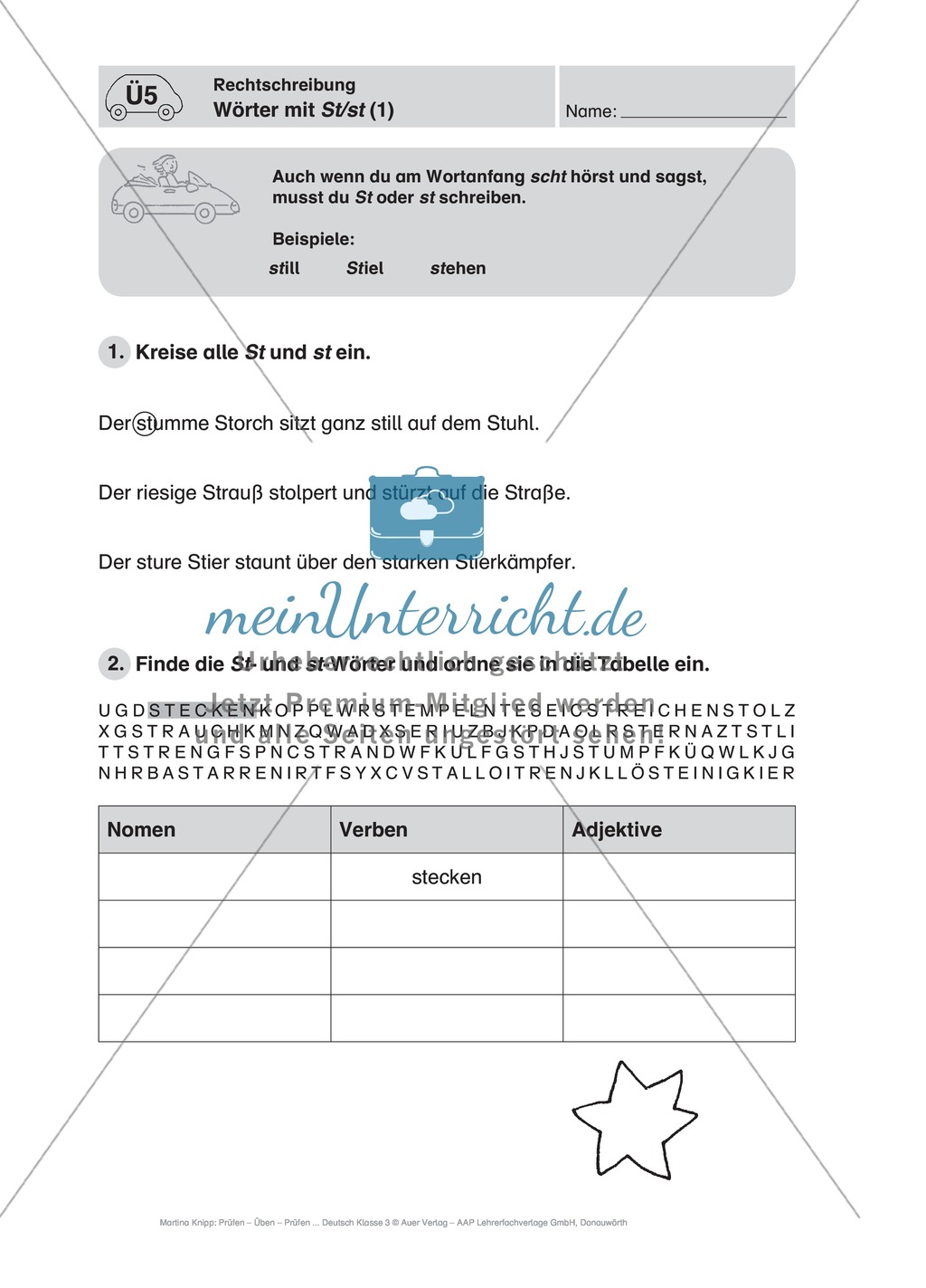 Rechtschreibung, Wörter mit St/st: Führerschein-Übungsaufgaben und Lösung Preview 1