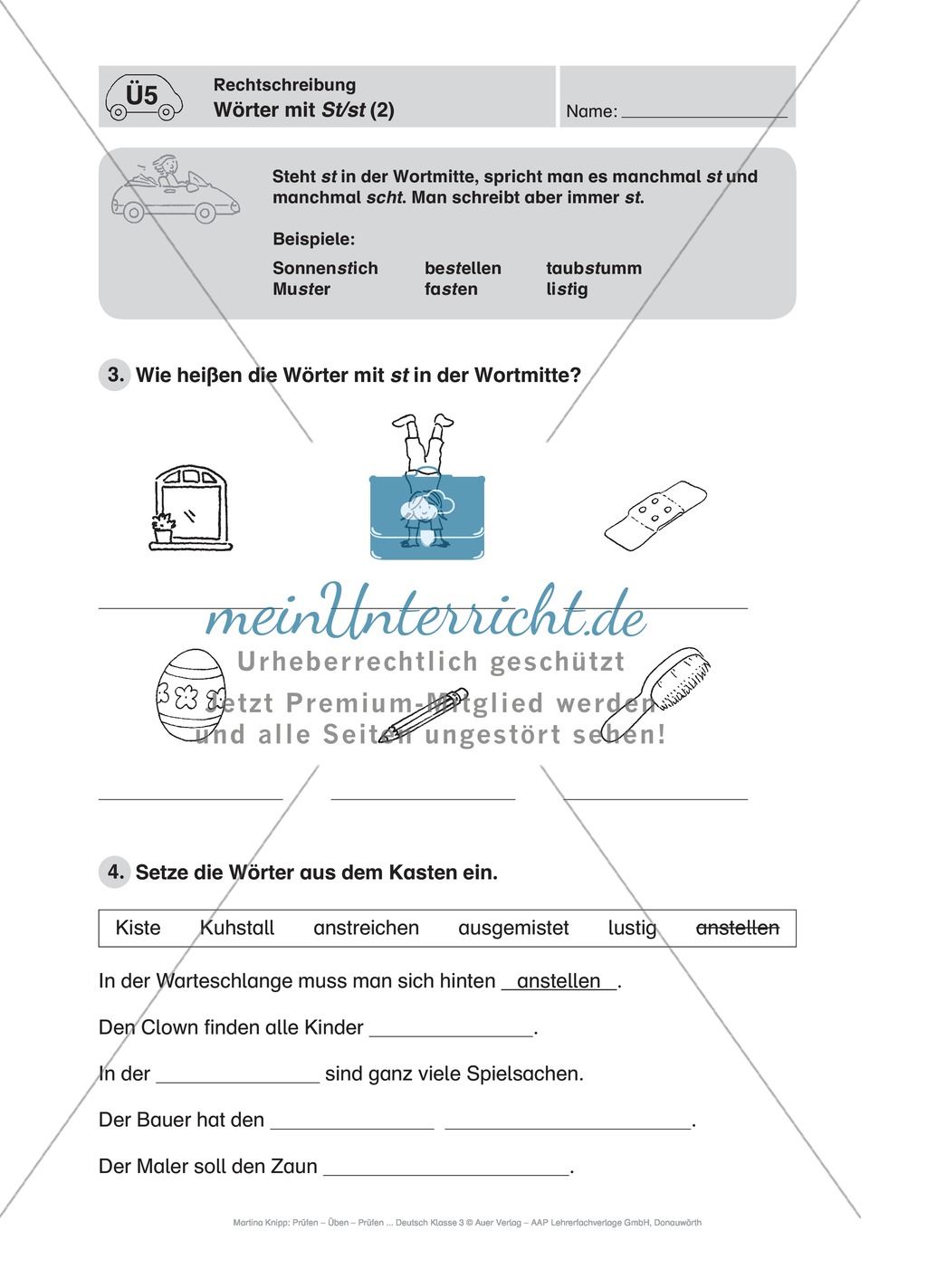 Rechtschreibung, Wörter mit St/st: Führerschein-Übungsaufgaben und Lösung Preview 2