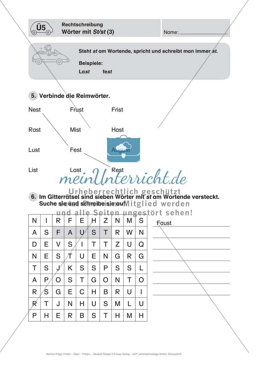 Rechtschreibung, Wörter mit St/st: Führerschein-Übungsaufgaben und Lösung Preview 3