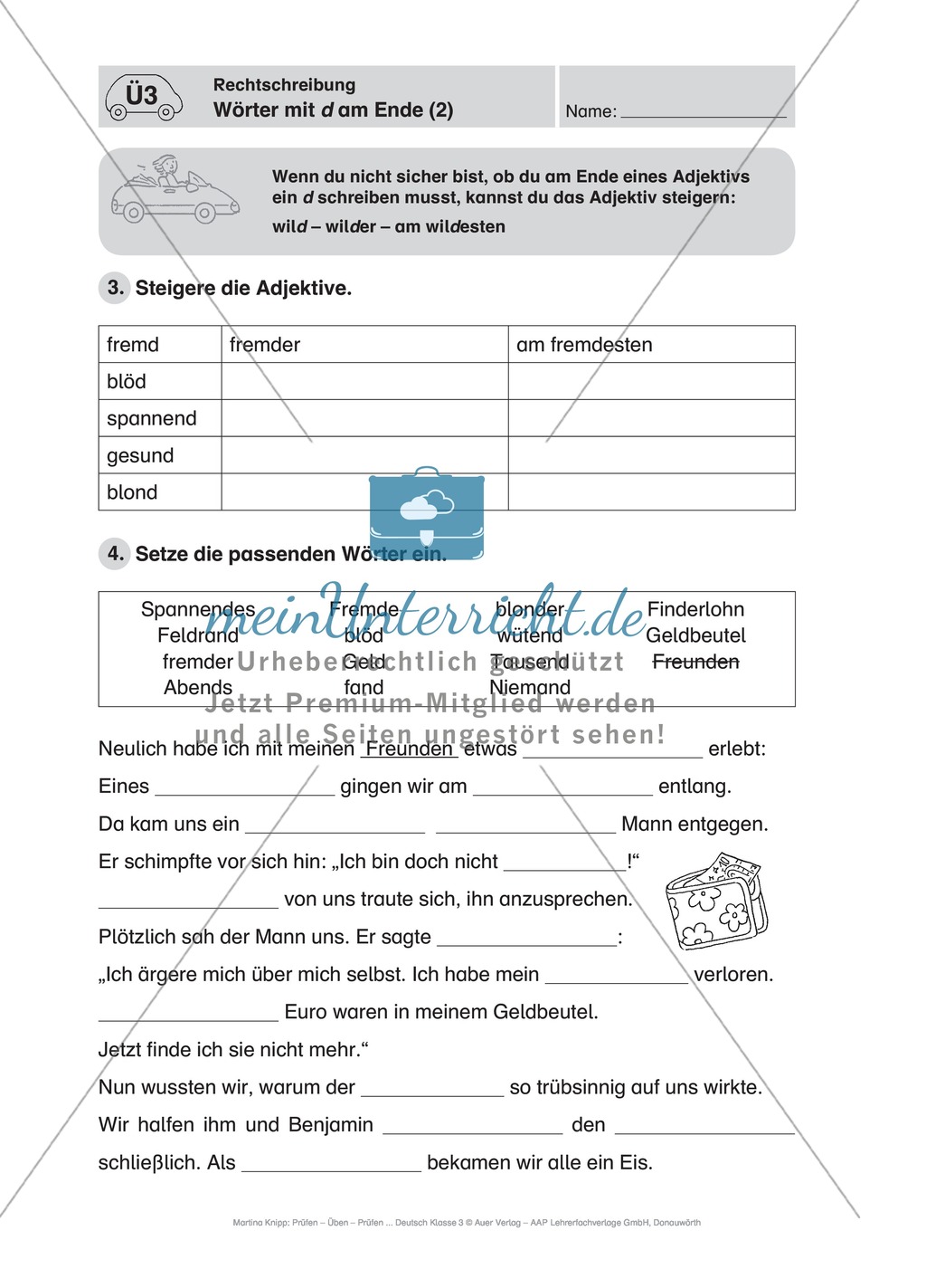 Rechtschreibung, Wörter mit d am Ende: Führerschein-Übungsaufgaben und Lösung Preview 2