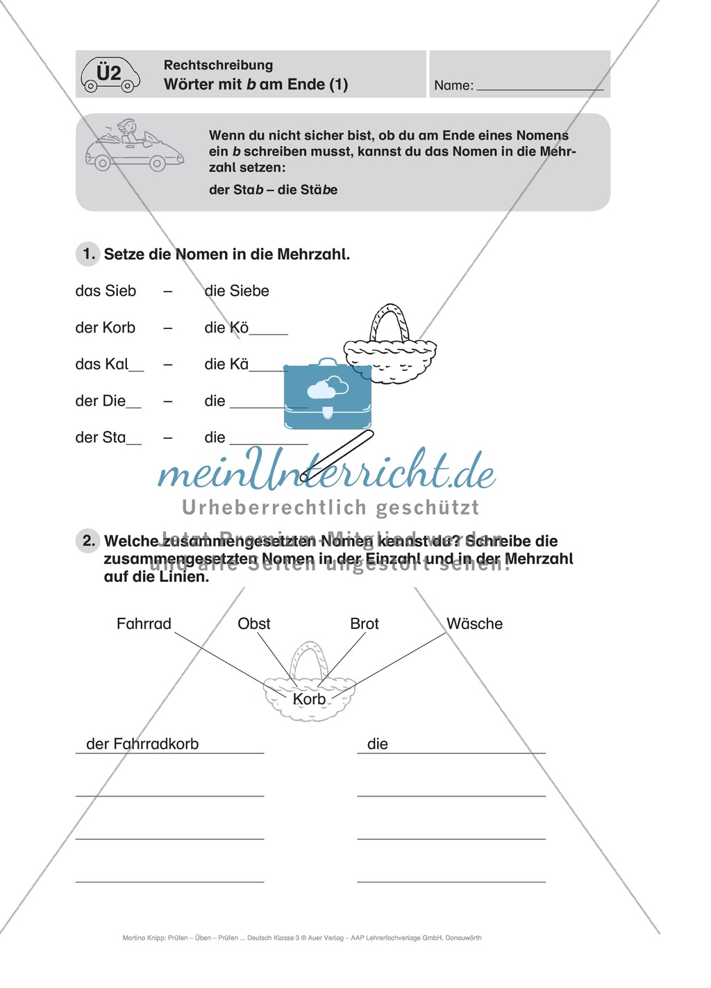 Rechtschreibung, Wörter mit b am Ende: Führerschein-Übungsaufgaben und Lösung Preview 1