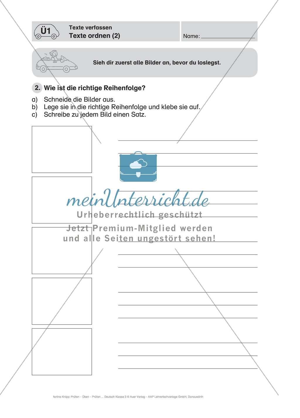 Texte verfassen, Texte ordnen: Führerschein-Übungsaufgaben und Lösung Preview 2