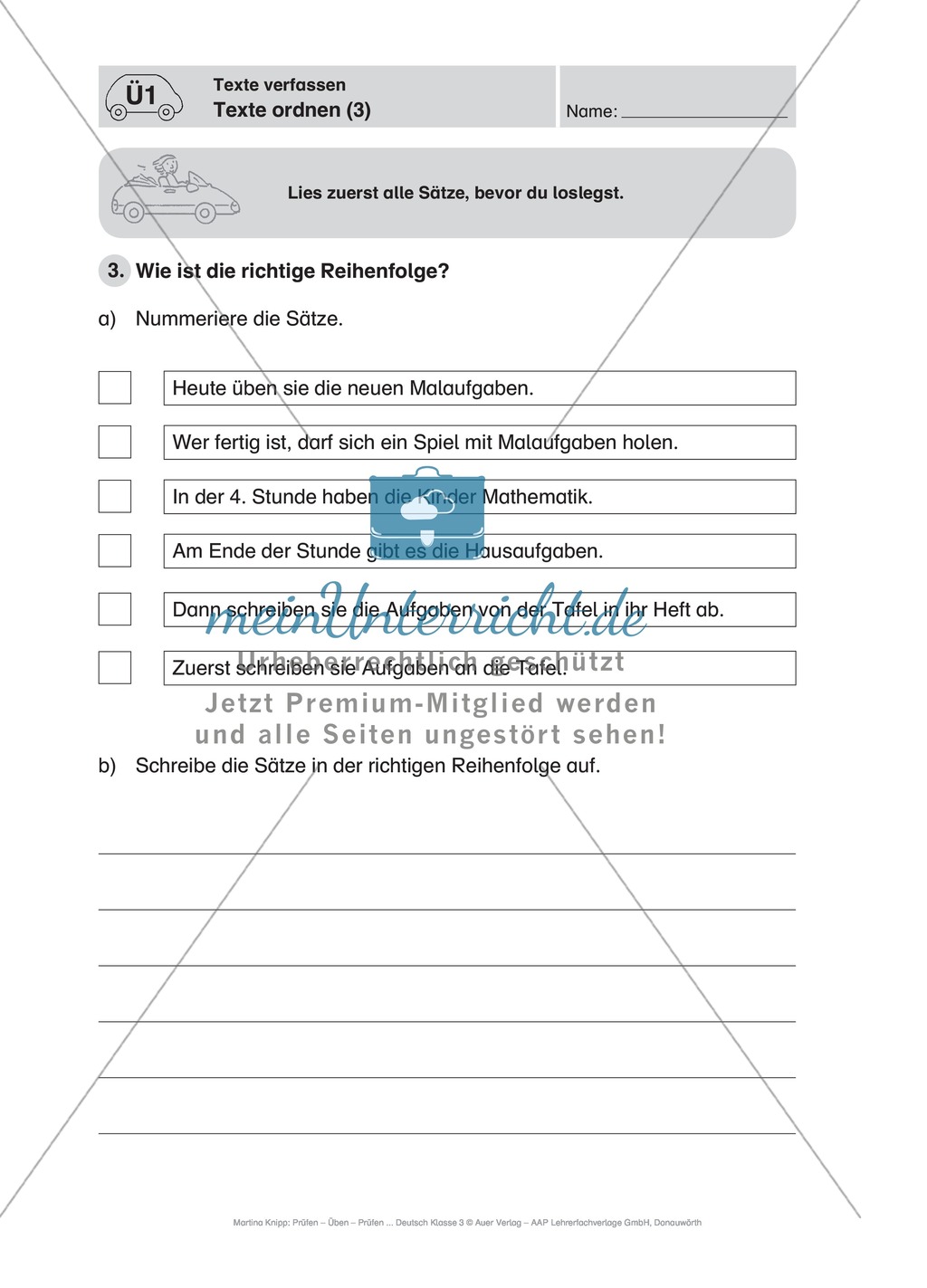 Texte verfassen, Texte ordnen: Führerschein-Übungsaufgaben und Lösung Preview 3