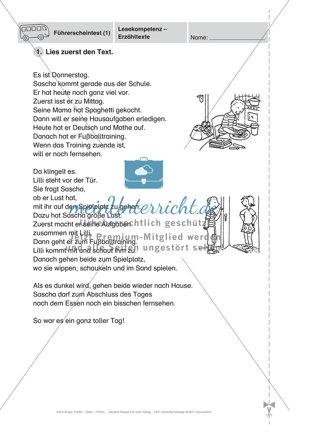 Lesekompetenz, Erzähltexte: Führerschein-Testaufgaben Preview 1