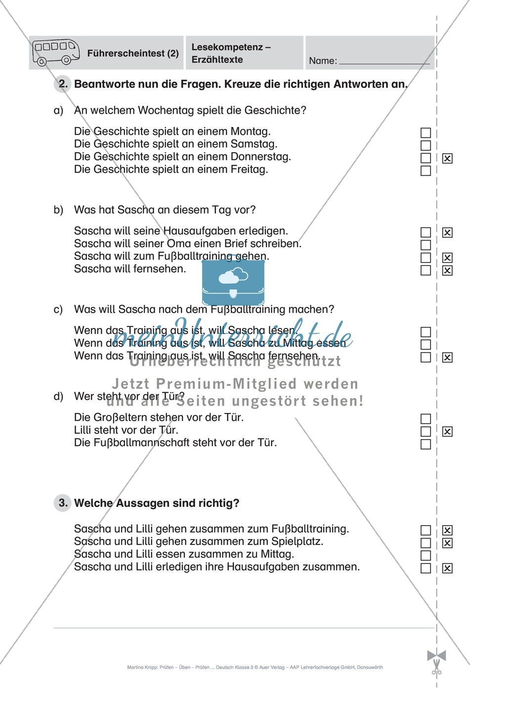 Lesekompetenz, Erzähltexte: Führerschein-Testaufgaben Preview 2