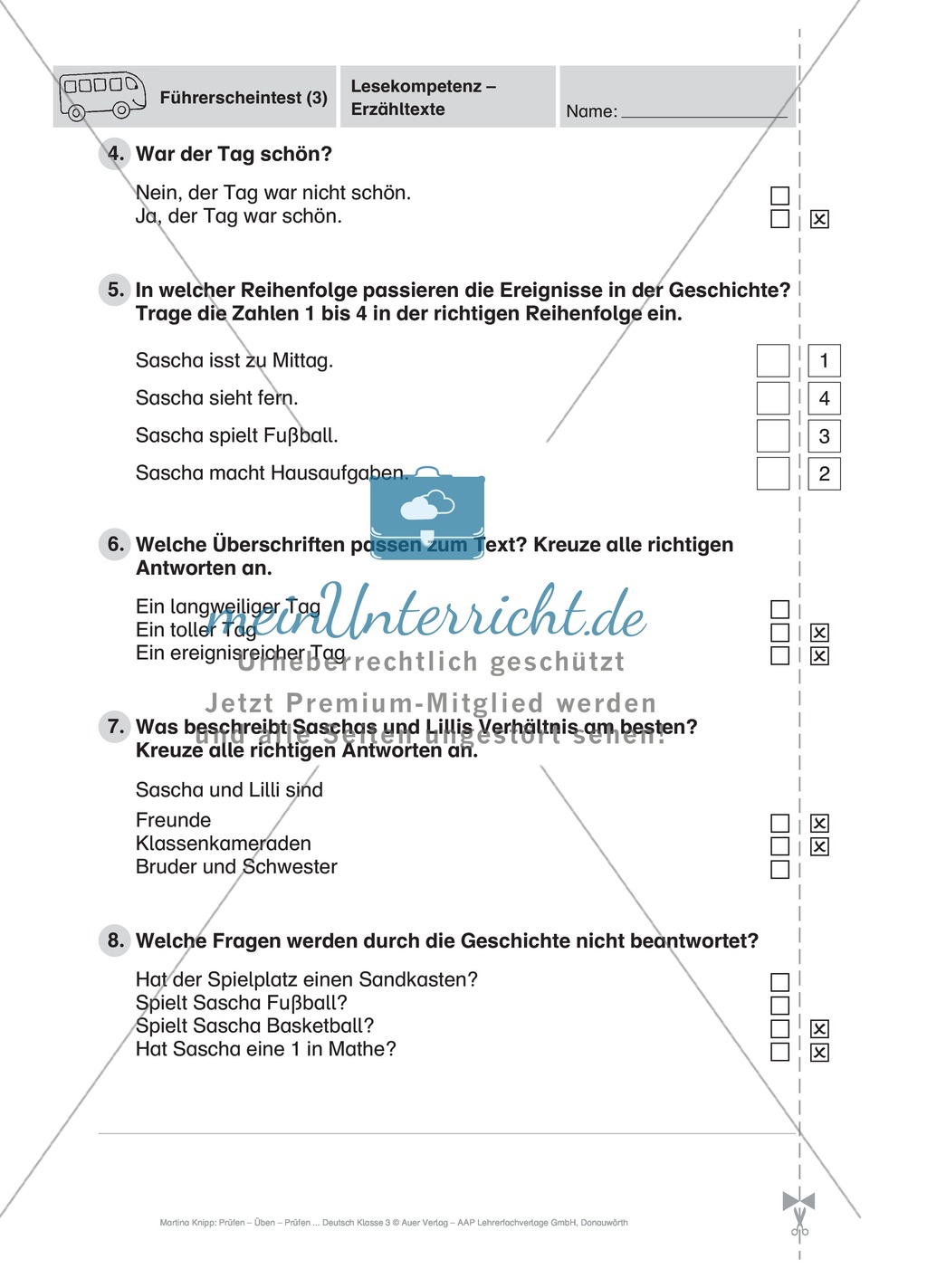 Lesekompetenz, Erzähltexte: Führerschein-Testaufgaben Preview 3