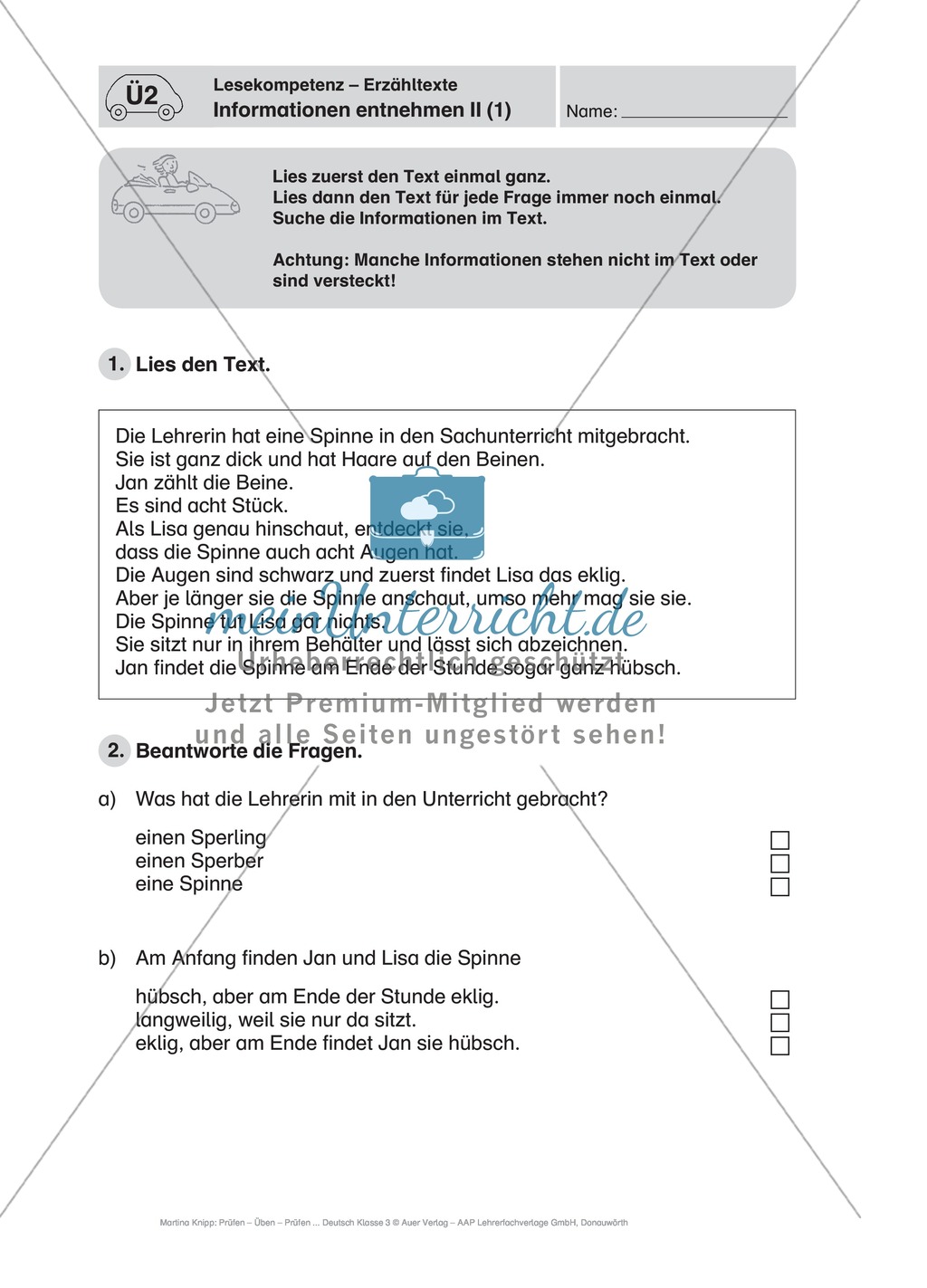 Lesekompetenz, Erzähltexten Informationen entnehmen II: Führerschein-Übungsaufgaben und Lösung Preview 1