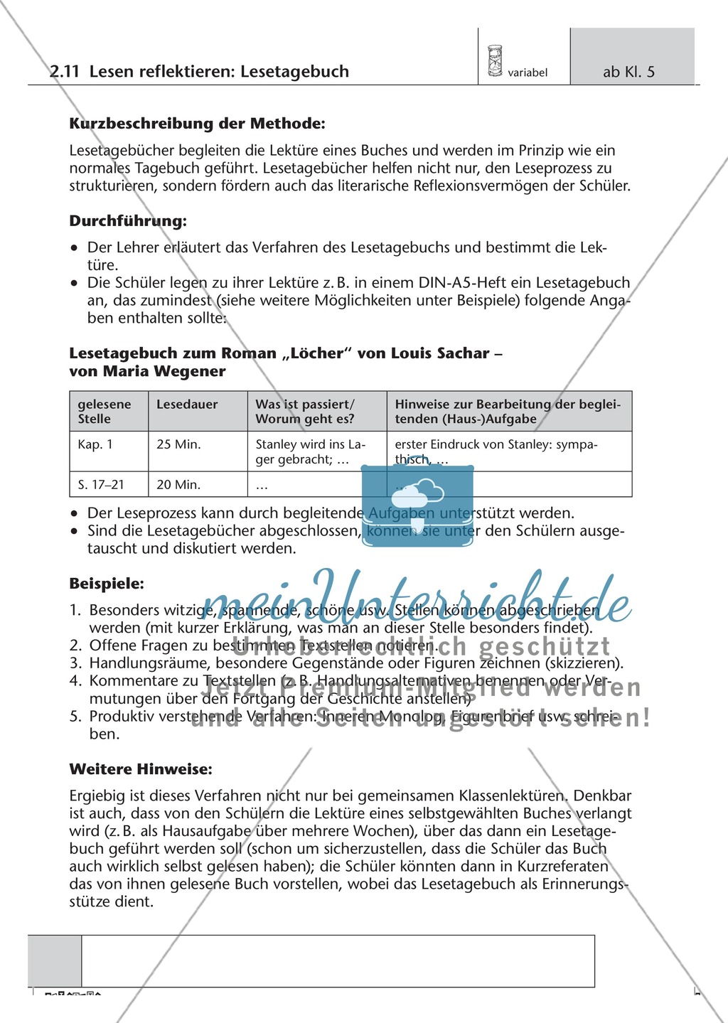 Methodik: Umgang mit Texten, Lesetagebuch Preview 1