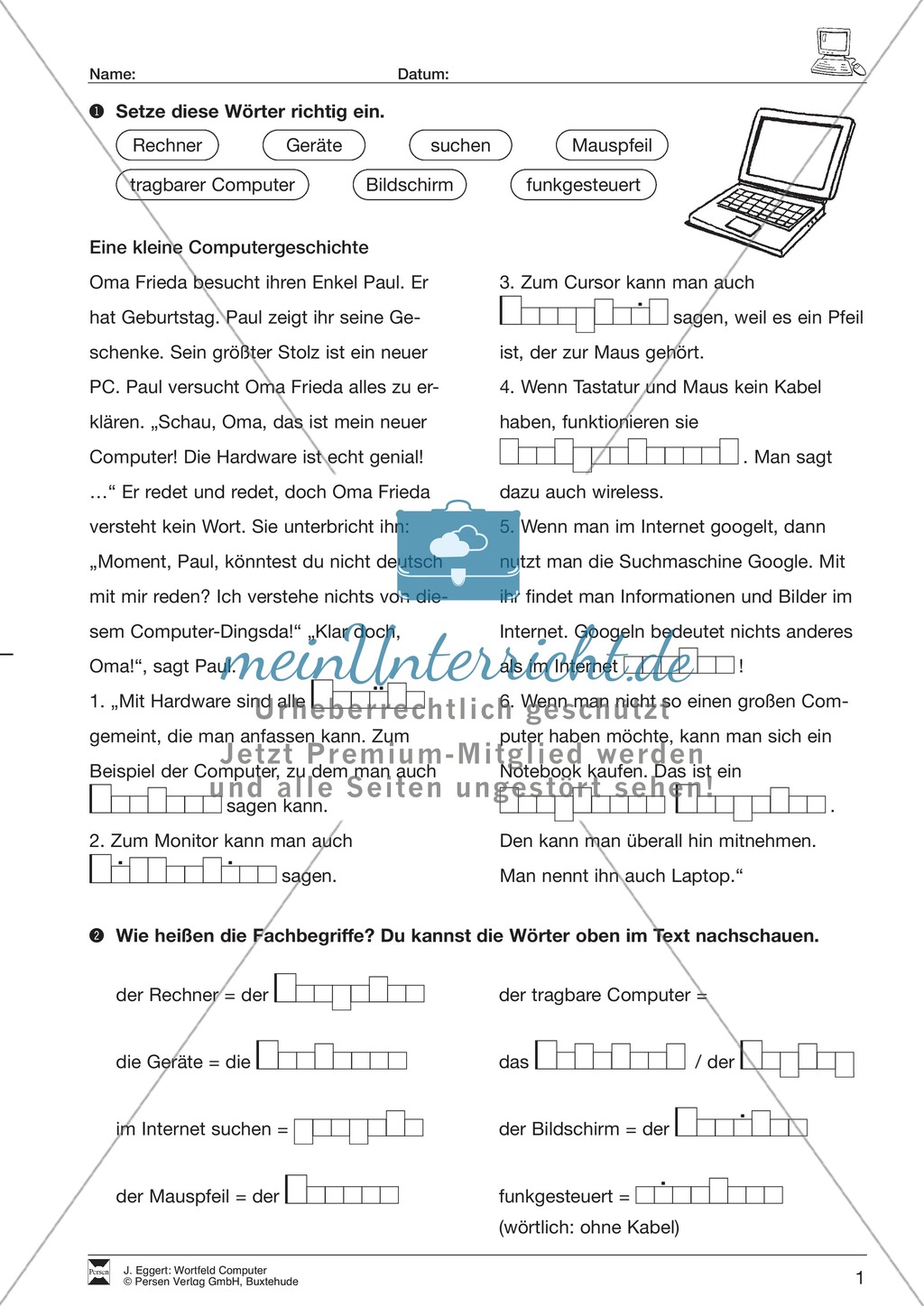 Wörter in einen Text setzen: Übung zum Thema