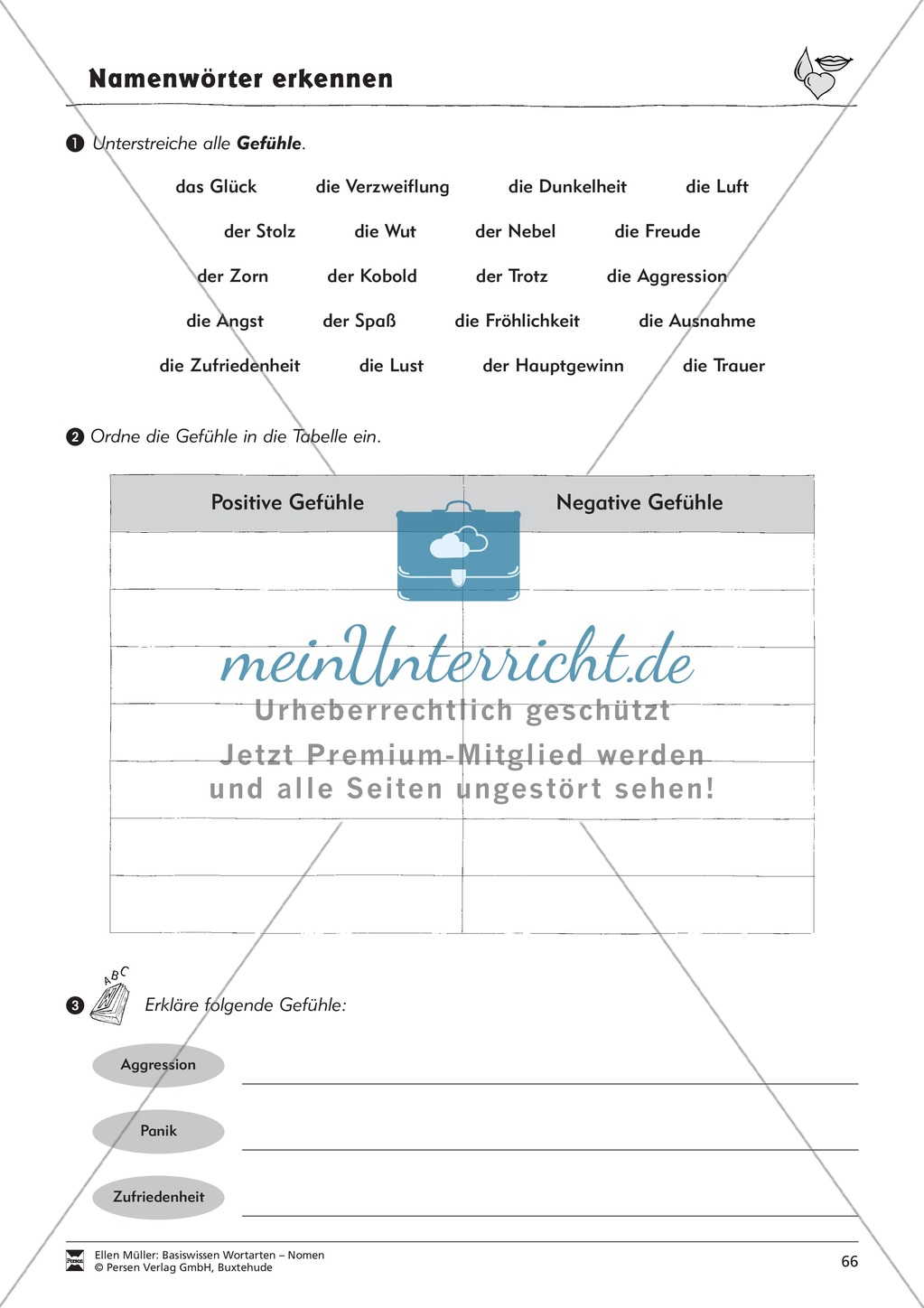 Namenwörter erkennen: Gefühle und Begriffe: Arbeitsblätter und Test Preview 2