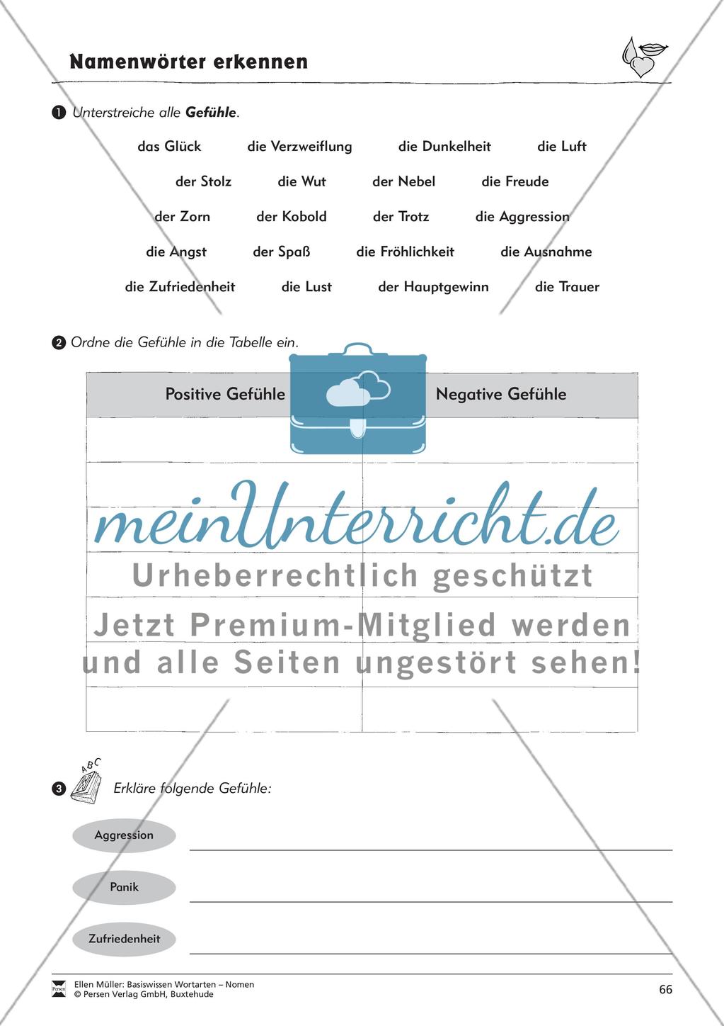 Namenwörter erkennen: Gefühle und Begriffe: Arbeitsblätter und Test Preview 2